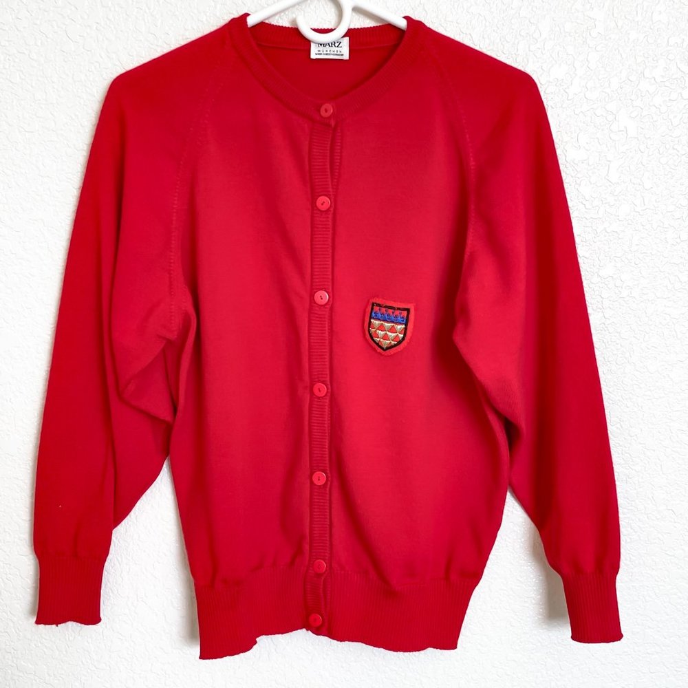 Vintage Marz Munchen Cardigan Sweater Women's Size 14 Red Wool Button-down Patch